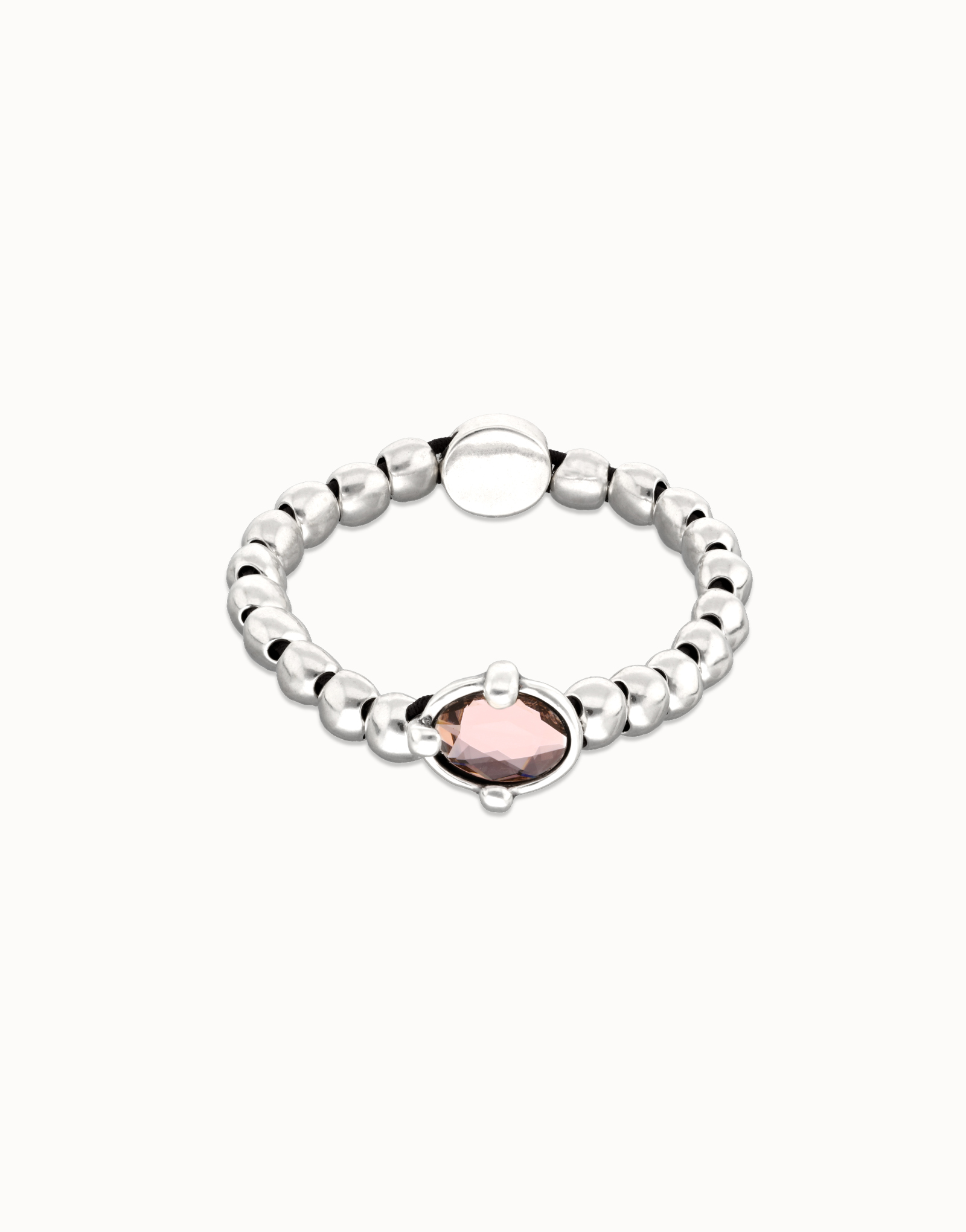 Pulsera de bolas bañada en plata con cristal facetado ovalado rosa, Plateado, large thumbnail